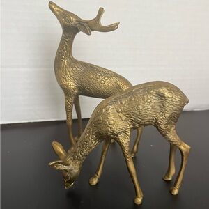 Set of 2 Vintage Mid-Century Modern Solid Brass Buck and Doe Deer Figurines